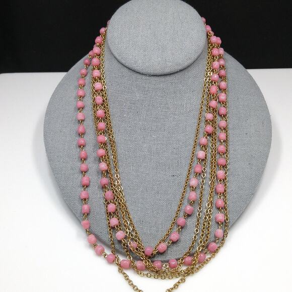 Vintage Pink Glass Multi Strand Necklace, Wide Gold Plated Clasp, 1950s - Picture 6 of 10